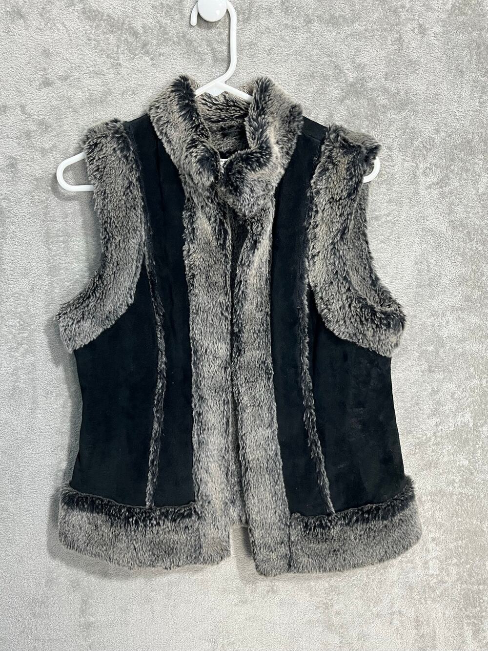 VTG Y2K Leather Faux Fur Trim Vest Medium Black Western Cowgirl Boho